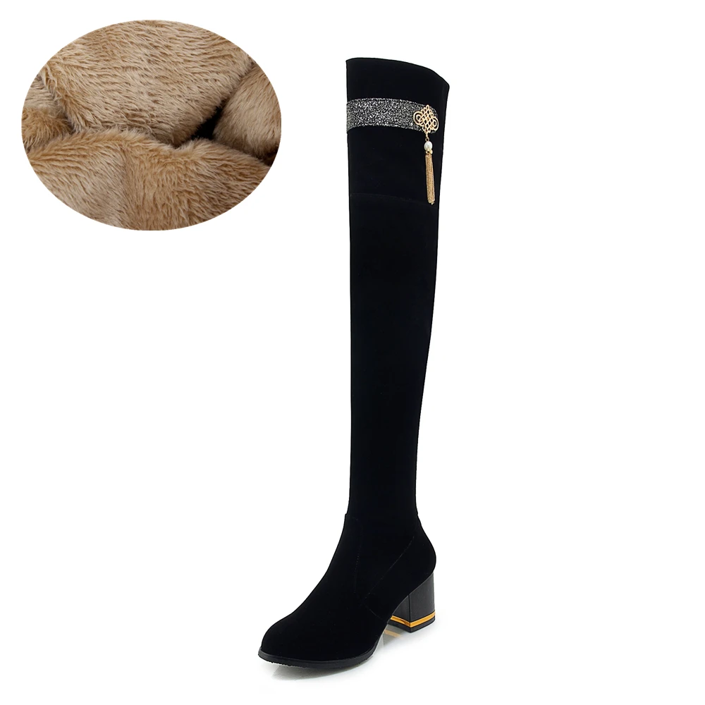 black thick fur Большие размеры 34-43; пикантные высокие сапоги до бедра; зимние сапоги; женские Сапоги выше колена; замшевые высокие сапоги; женская обувь на высоком каблуке с мехом и плюшем - Цвет: black thick fur