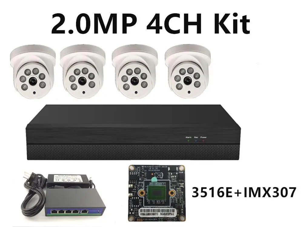 2.0MP 3516E IMX307 4CH IP комплект видеонаблюдения 5.0MP 4.0MP 3.0MP 2.0MP Низкая освещенность Купол Крытый 48 в PoE переключатель камеры NVR H.265 CMS XMEYE P2P - Цвет: 2.0MP 3516E IMX307