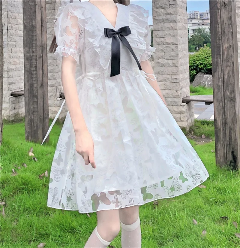 Japanese Sweet Kawaii Mori Girly Preppy Women Dresses 2020 Summer Fairy Bow Collar Puff Sleeve Gauze White Girly Fluffy Dresses