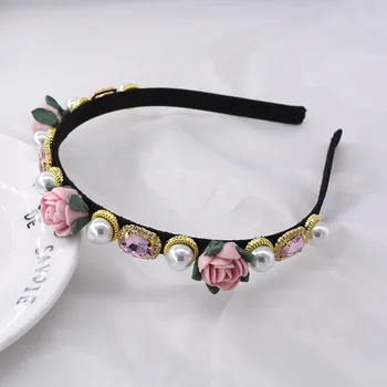 

Baroque-Style Ceramic Flower Crystal Pearl Hair Bands Fine Headband Hairpin Hair Spring New Style Hair Bands Accessories669