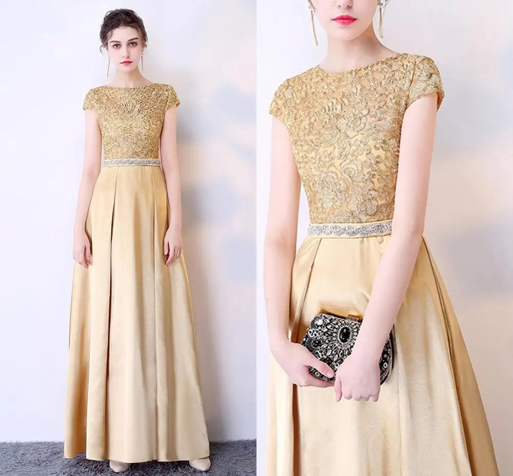 

Elegant Gold/Red Evening Dress Long 2020 Appliques Banquet Party Dress Lace Satin Prom Dresses Robe De Soiree vestido de festa