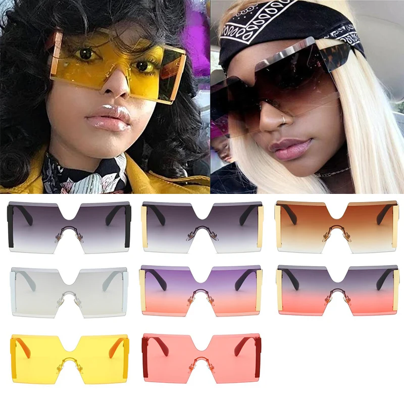 WholesaleYellowOversizedSunglassesVintgaeBigShadesForWomenRimlessGlassesOnePiece
