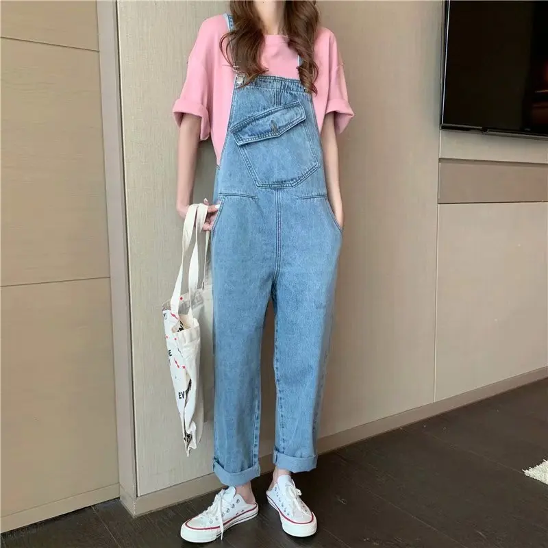 

Net red age-reduced denim suspenders female summer 2020 new Korean retro wild was thin high waist straight pants tide
