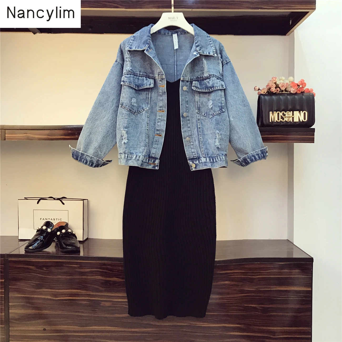 

Autumn Streetwear Denimsuit Women New Retro Loose Washed Jeans Jacket+ V-neck Knitted Dress Two-piece Bodycon Dress Set Femme