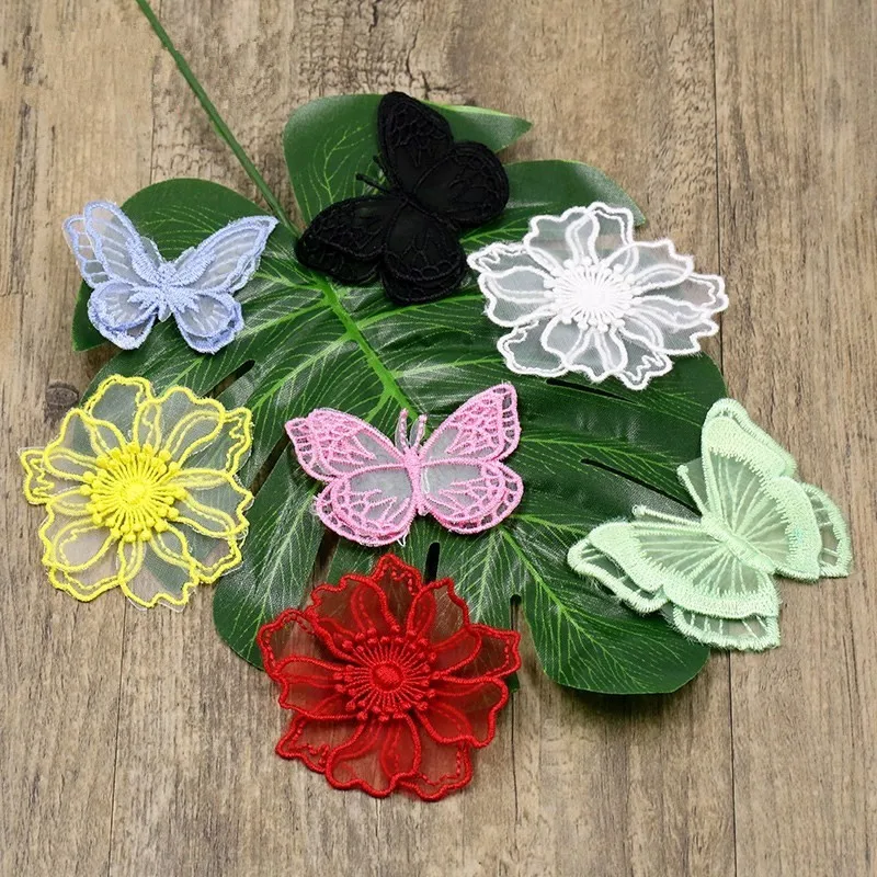 3D цветок патч органза декоративные наклейки сетки кружевная бабочка из ткани