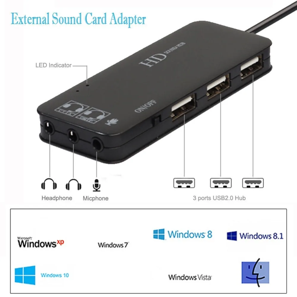 Многофункциональный 3 порта USB 2,0 зарядное устройство концентратор с стерео наушниками и микрофоном W/7.1CH адаптер звуковой карты