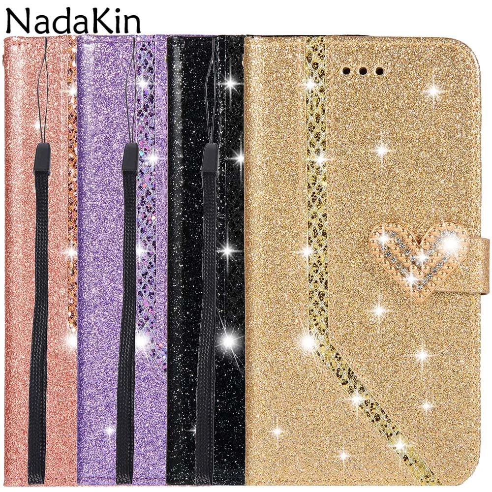 

Luxury Glitter Rhinestone Book Phone Shell Case Cover for Huawei P20 Lite 2018 P30 Pro Mate 10 20 Lite Flip Purse With Strap