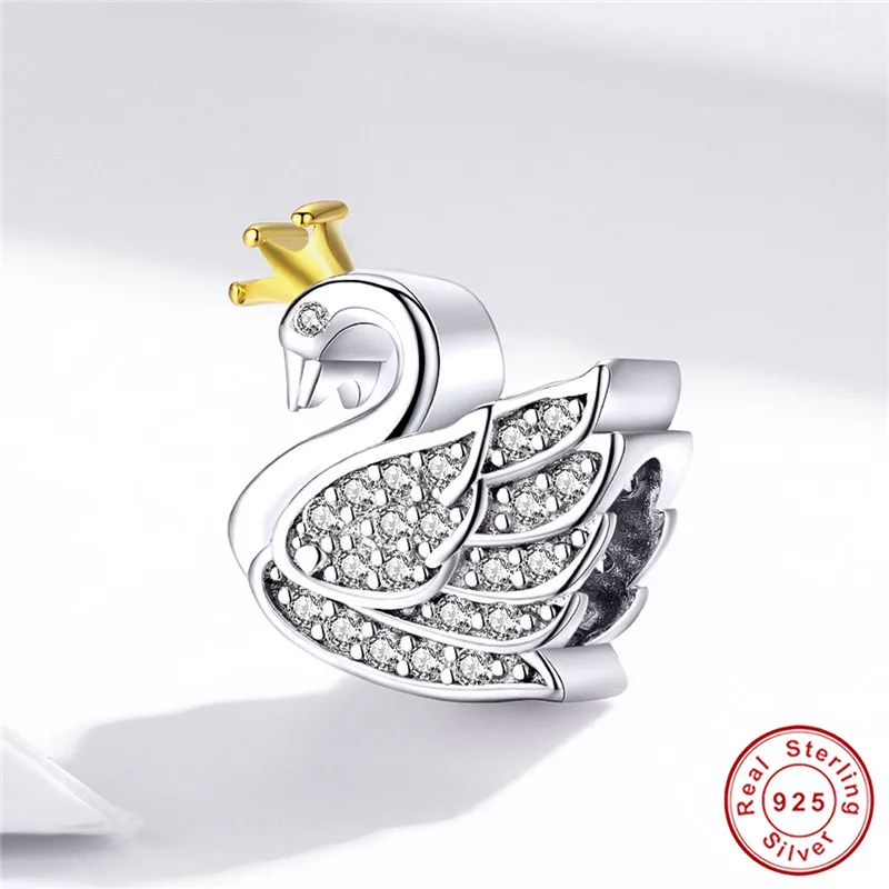 Fit Pandora браслет серебро 925 diy белый CZ Принцесса Корона Лебедь из бусин S925 Циркон королева птица подвеска для изготовления ювелирных изделий