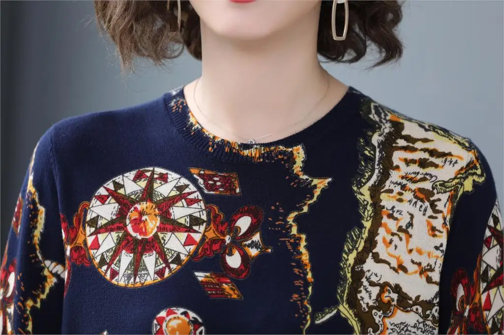 YISU Autumn Winter Sweater O-Neck Long Sleeve pullover fashion Print pattern Jumper Tops Casual Loose Knitted sweaters Women