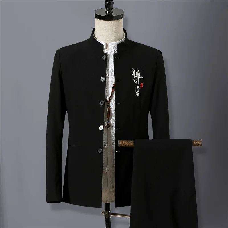 

Chinese-style Fashion Men'S Wear 2019 Spring And Autumn Suit Stand Collar Sun Yat-sen Costume Embroidered Two-Piece Set Men's Tz