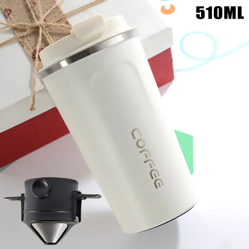 GUNOT Creative Coffee Pot Coffee Kettle With Lid Stainless Steel Coffee Mug Water Bottle Thermo Reusable Car Filter Fold Cup - Color: White510Set
