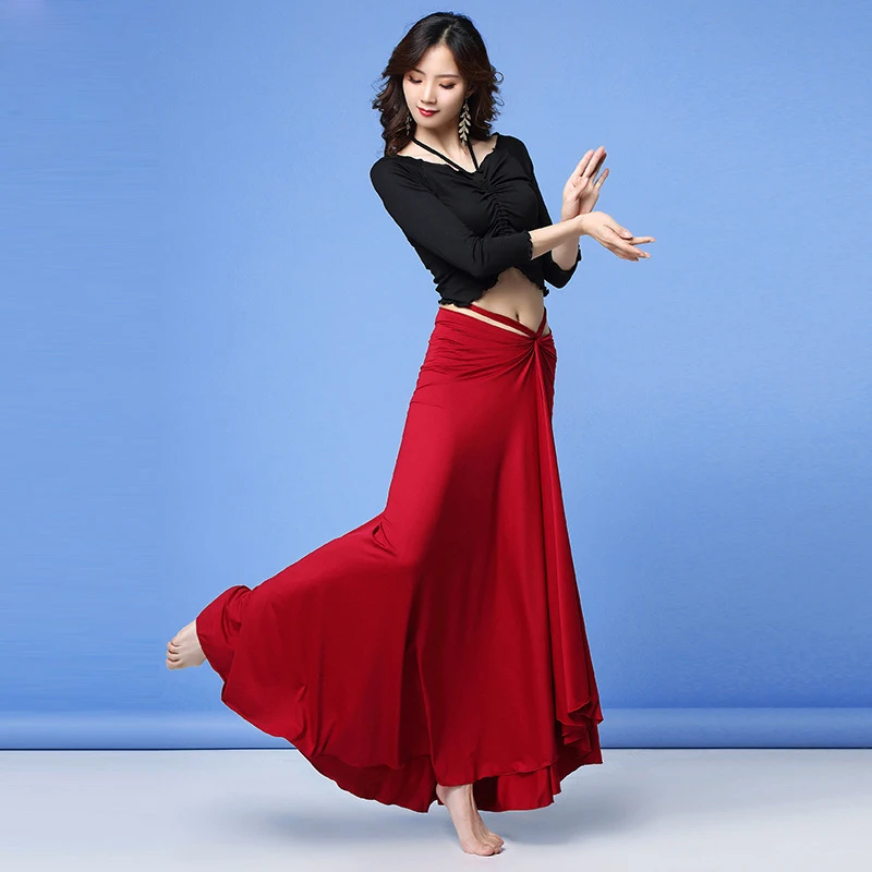 Black red Новая мода женщин танец одежда набор костюма для танца живота цветочные шифон длинная юбка эластичный Топ - Цвет: Black red