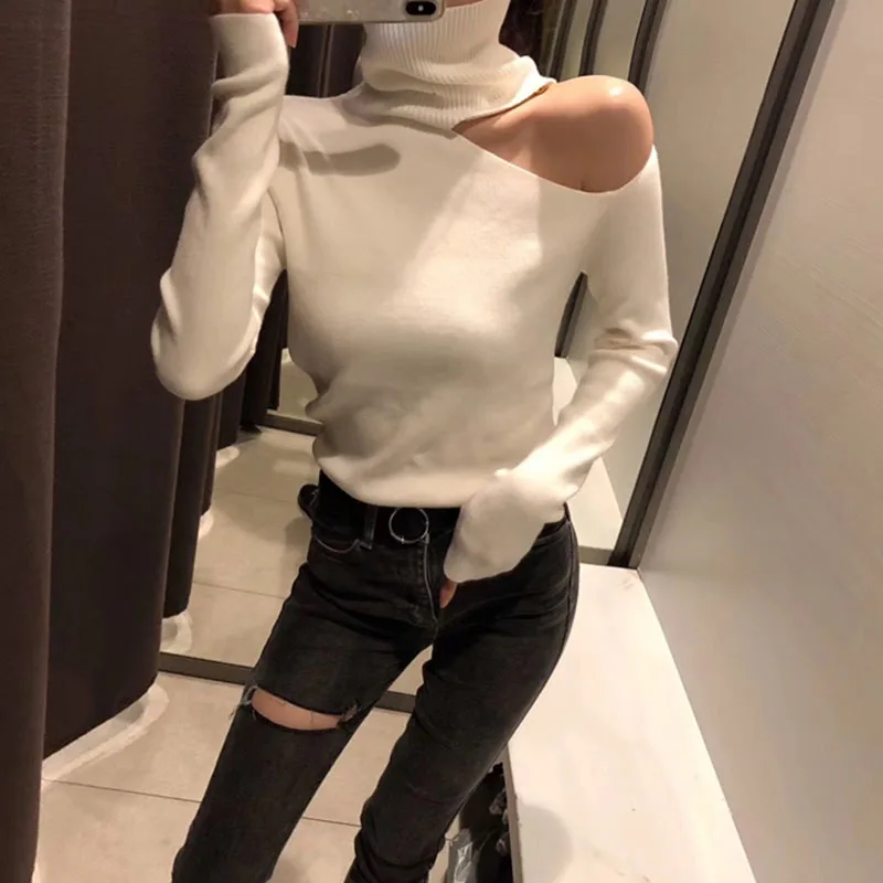 Turtleneck Knitted Sweaters Pullovers Female Sweater for Women Full Sleeve Jumper Top Off Shoulder Slim Clothes | Женская одежда