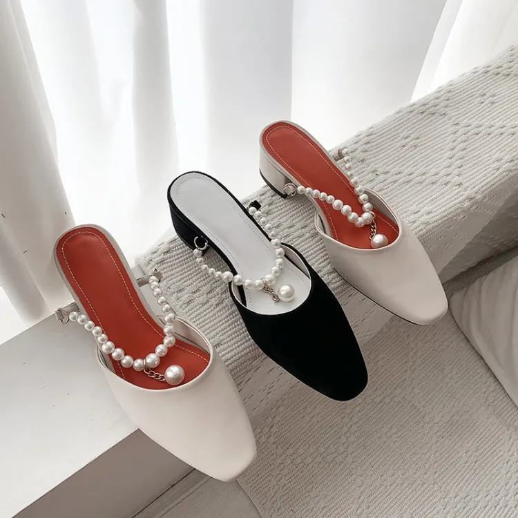 

20 Spring And Summer New Style Closed-toe Semi-high Heeled Slipper Women's Pearl Slipper Graceful Chunky-Heel Slipper WOMEN'S Sh