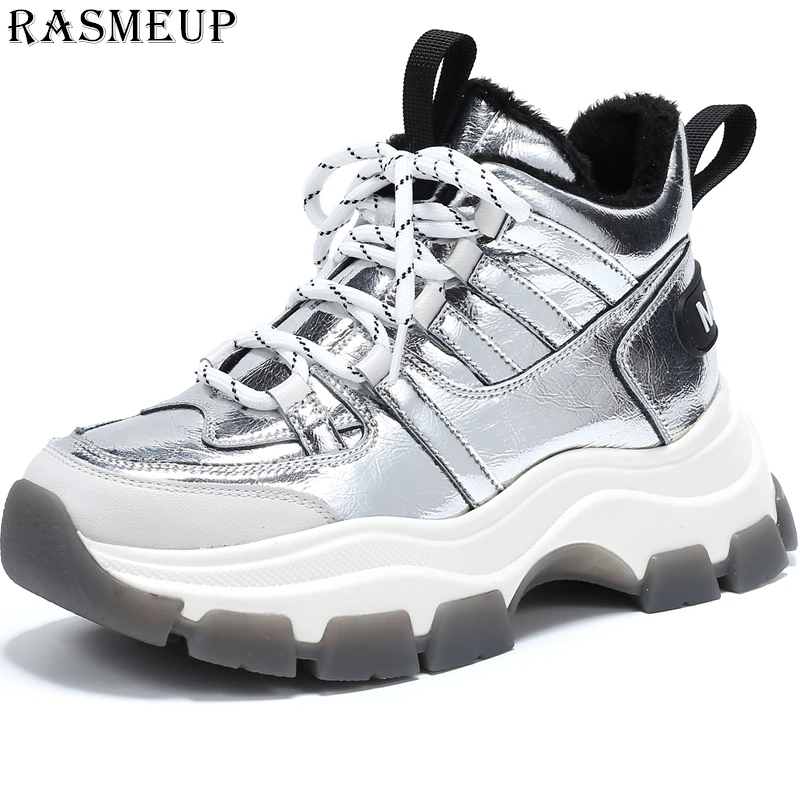 

RASMEUP Genuine Leather Women's Chunky Boots Winter Fur Warm Women Platform Martin Sneakers Fashion Ladies Shoes Rubber Footwear
