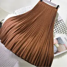 Осень-зима Женская замшевая обувь длинная Плиссированная юбка с эластичной резинкой на Высокая Талия однотонный приталенный крой трапециевидной формы макси юбка faldas Saia