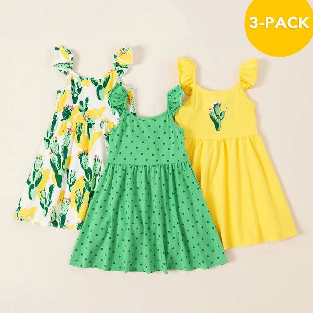 PatPat-Vestidos estampados de lunares Cactus para niñas, infantil de verano, 3 piezas - AliExpress Madre y