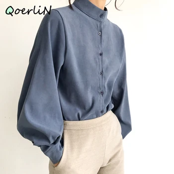 Big Lantern Sleeve Blouse Women Autumn Winter Single Breasted Stand Collar Shirts Office Work Blouse Solid Vintage Blouse Shirts 2