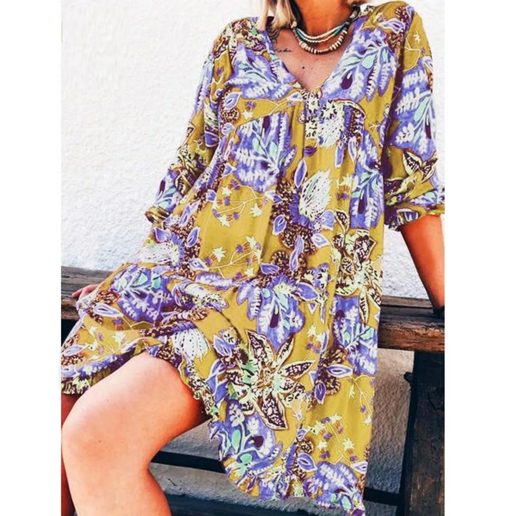 Feitong осенние женские платья Boho Цветочные с длинным рукавом платье Праздничная пляжная рубашка платье дамы печати Мини платье Плюс Размер 7#3a1