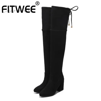 

FITWEE Women Winter Warm Soft 2020 Over The Knee High Heel Cross Strap Pointed Toe Fashion Female Botas Footwear Size 34-43