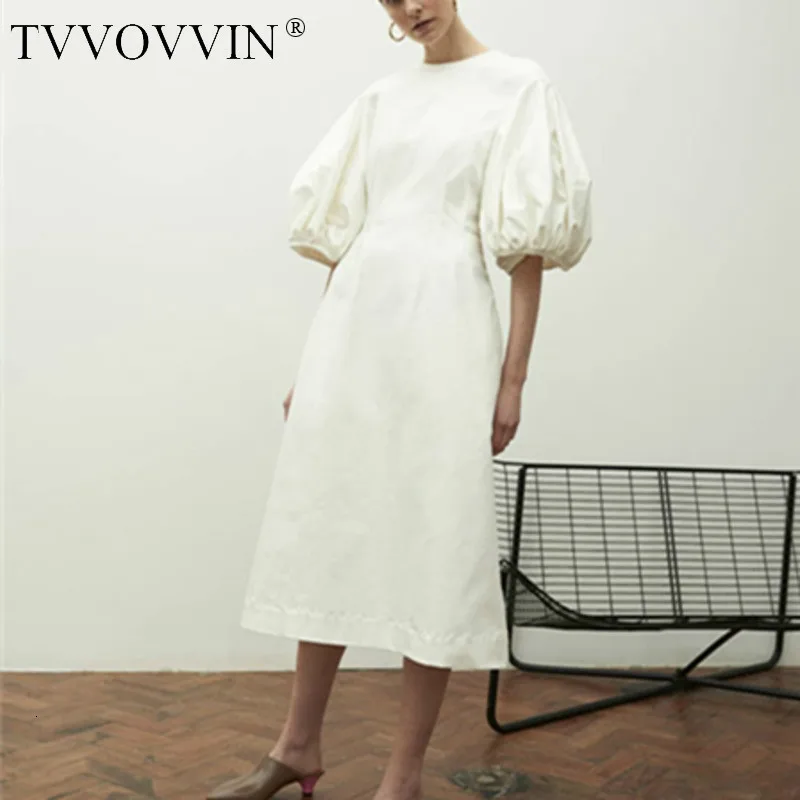 

TVVOVVIN 2019 New Spring Fashion Women Clothing Europe Denim Washed Lantern Half Sleeves Round Neck High Waist Long Dress C070