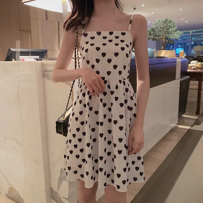 

2019 Fashion Korean-style CHIC Spring And Summer New Style Playful Heart Strapped Dress Hipster Chiffon First Love One Piece