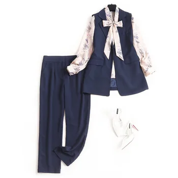 

Ellacey Fashion Pants Suit Women 2020 Spring Floral Chiffon Shirt Vest Straight Pants 3 Piece Set Women Costume High Quality