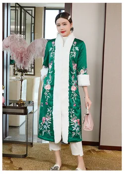 

Traditional Chinese Han style embroidered big size long winter cotton lining warm jacket outwear with rabbit fur for women