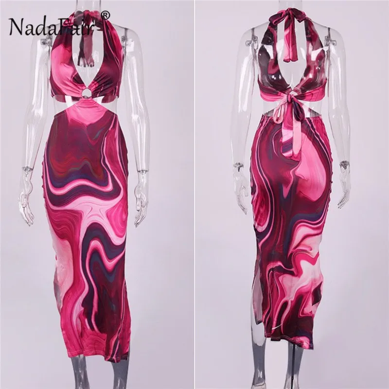 Nadafair Tie Dye Summer Dress Women Waist Cut Out Backless Halter Robe 2021 Festival Clubwear Bodycon Sexy Party Maxi Dresses 5