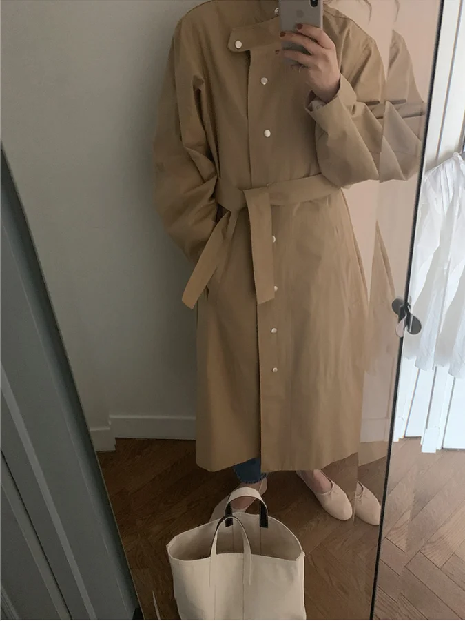 Длинная ветровка с ремнем на талии, Manteau Femme Hiver, свободное мешковатое пальто для женщин с рукавами-фонариками - Цвет: khaki