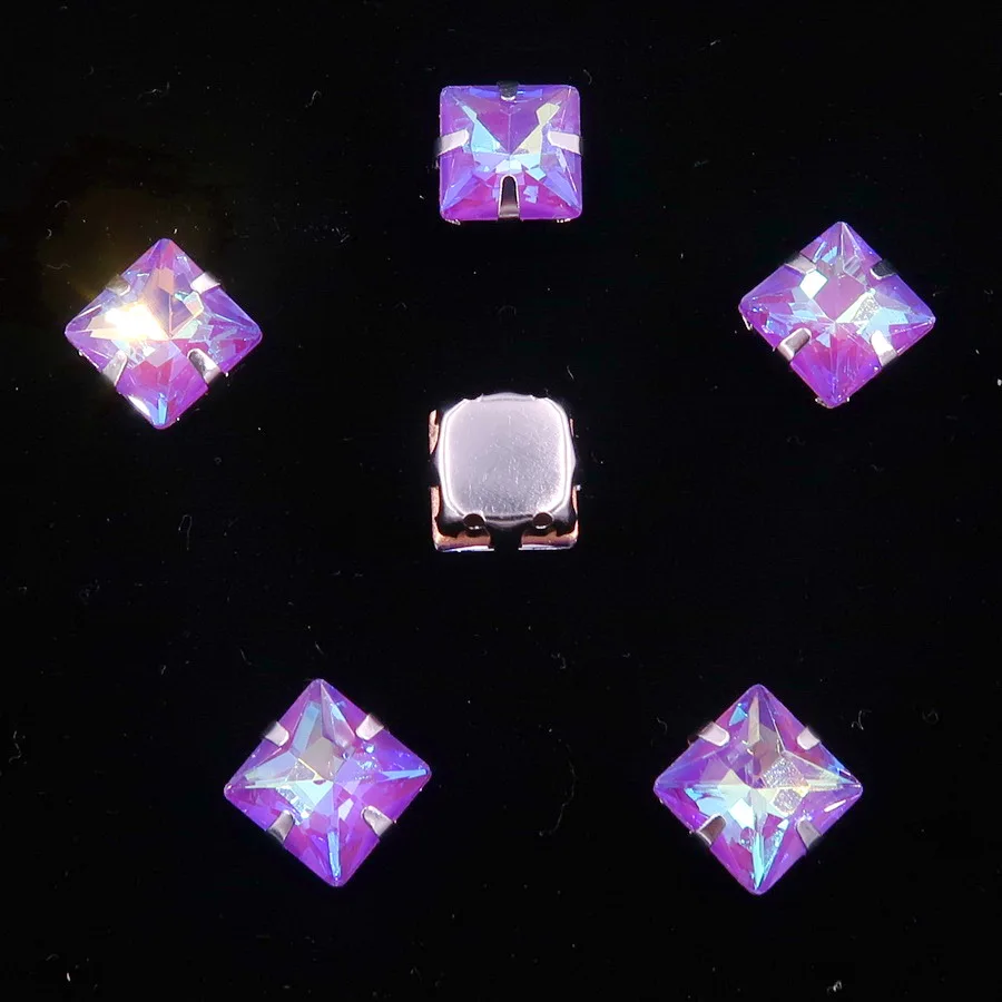 A19 Purple AB Серебристая металлическая коготь 50 шт./пакет с радужными или желейные АБ стекло с украшением в виде кристаллов 8mm квадратной формы шить стразы кристаллы Одежда «сделай сам» - Цвет: A19 Purple AB