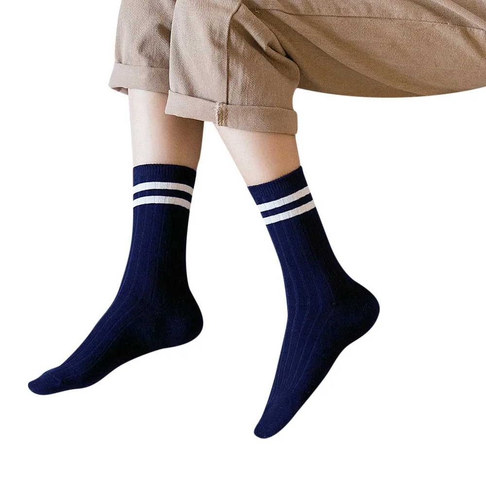 Harajuku Socks New Style Women Solid Color Cotton Causal Winter Warm Striped Vintage Socks Chaussette Femme - Цвет: Navy