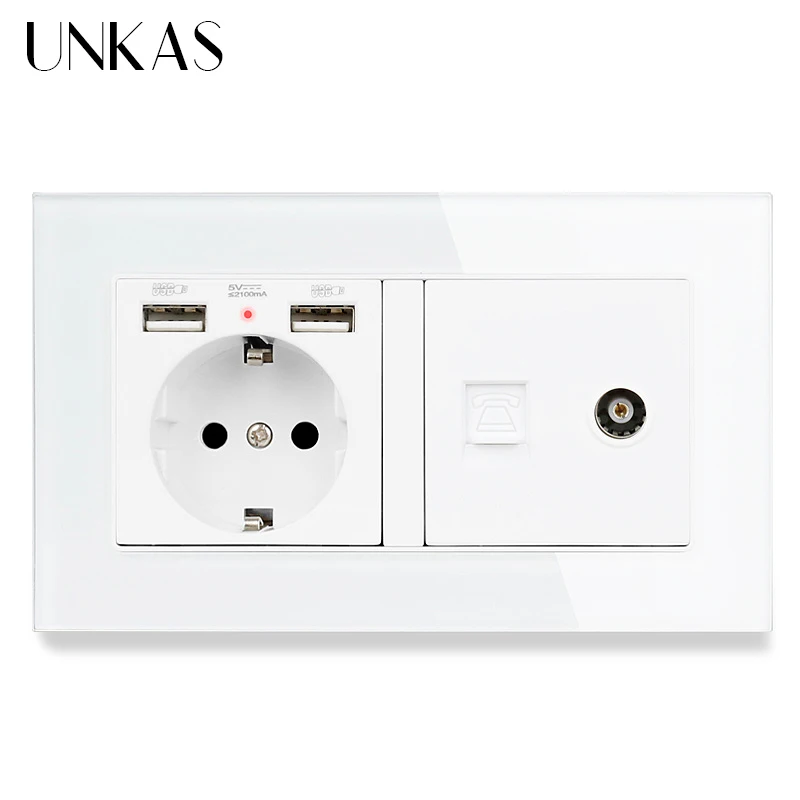 UNKAS класса люкс Стекло Панель Европейская Сетевая розетка с двумя портами USB