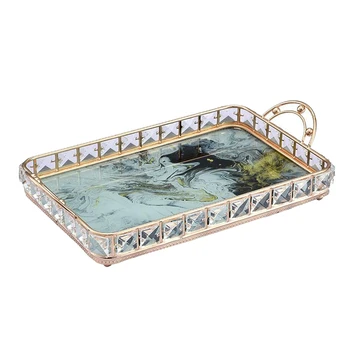 

Rectangle Mirror Glass Decors Retro Gold Metal Plate Drinks Display Serving Tray