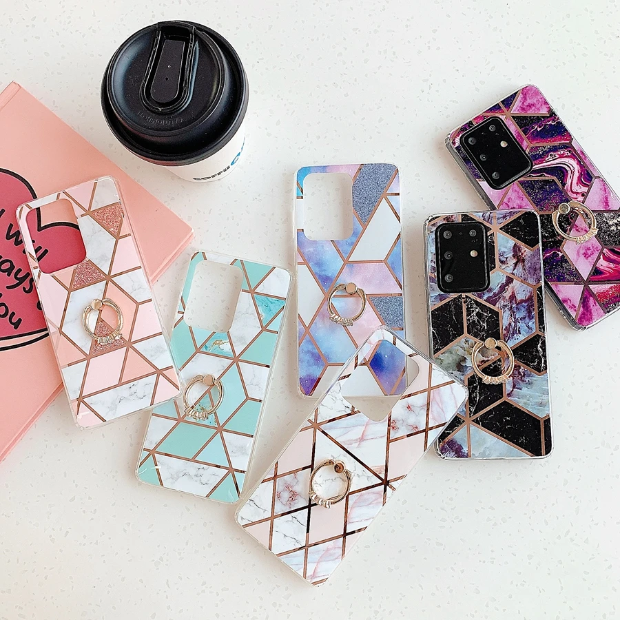 Rhombus Marble Phone Case for Galaxy A41 A31 A71 A51 Note 20 A50S A30S A10S A20S A42 Soft IMD Capa Ring Holder Stand Back Cover | Мобильные