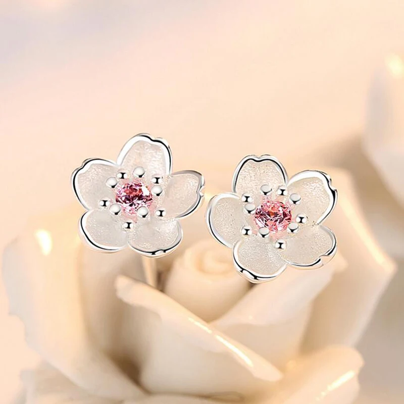 Silver 925 Jewelry Sterling Earrings Cherry Blossom Inlaid Pink Zirconia Ear Studs Simple and Popular for Women | Украшения и