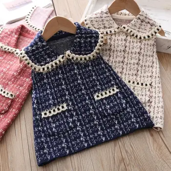

autumn vintage tweed baby girl vest dress for kids small fragrance lapel sleeveless princess dress