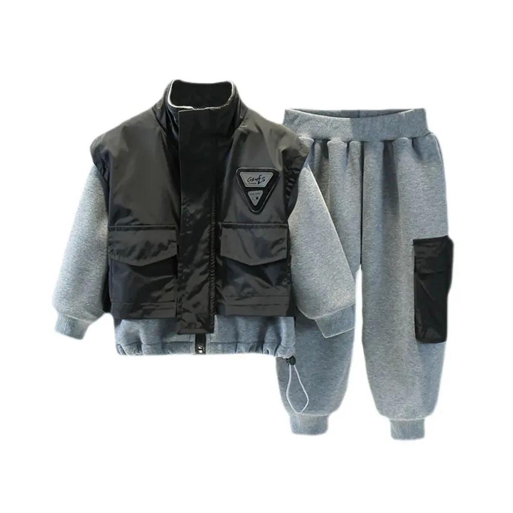 

2022 New Winter Polyester Boy Sets Korean Version Fashion Thicken Plus Velvet Patchwork Two-Piece Casual Children's Clothing