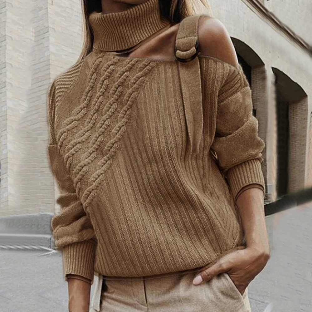 Women Patchwork Sexy Off Shoulder Buckle Turtleneck Warm Autumn Pullover Winter Long Sleeve Ribbed Sweater Knitted Tops Jumper Women Patchwork Sexy Off Shoulder Buckle Turtleneck Warm Autumn Pullover Winter Long Sleeve Ribbed Sweater Knitted Tops Jumper
