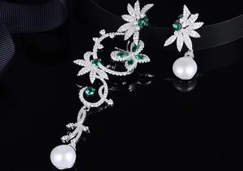 

925 Sterling silver elegant CZ Crystal flower Earrings Fashion geometric green Flower Pearl Asymmetric earring silver jewelry