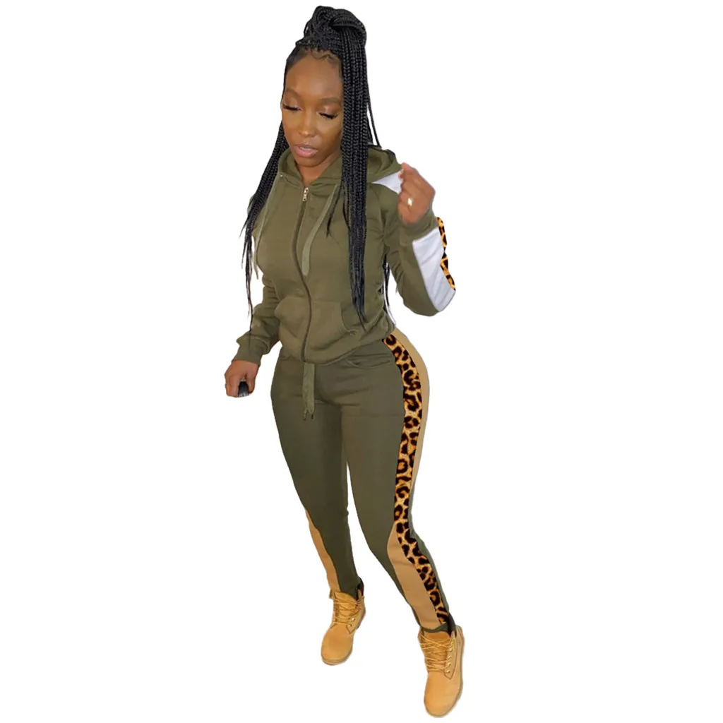 womens tracksuit autumn winter Womens Leopard Print Long Sleeve And Pants Casual Hooded Zipper Set#D