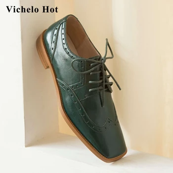

Vichelo Hot british school genuine leather maiden carving square toe thick med heel lace up daily wear dress women pumps L6f1