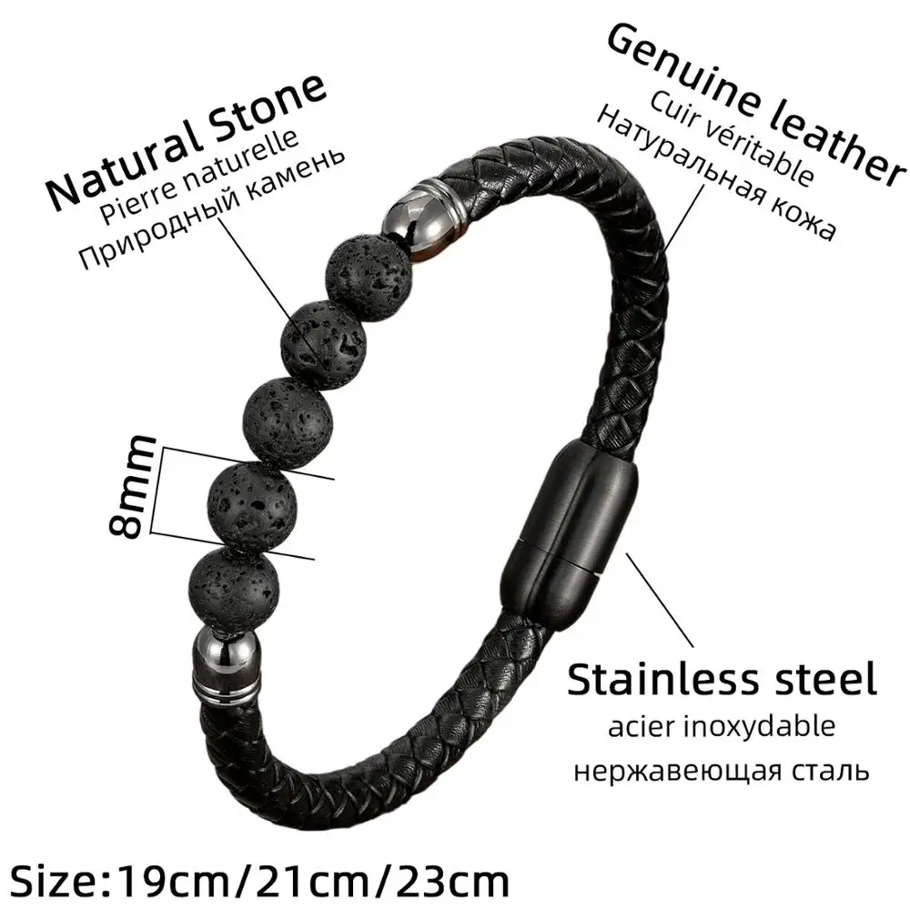18 Style Stainless Steel Bracelet For Men Round Lava Stone 7 Chakra Beads Genuine Leather Women Bangles Couple Bracelets Jewelry
