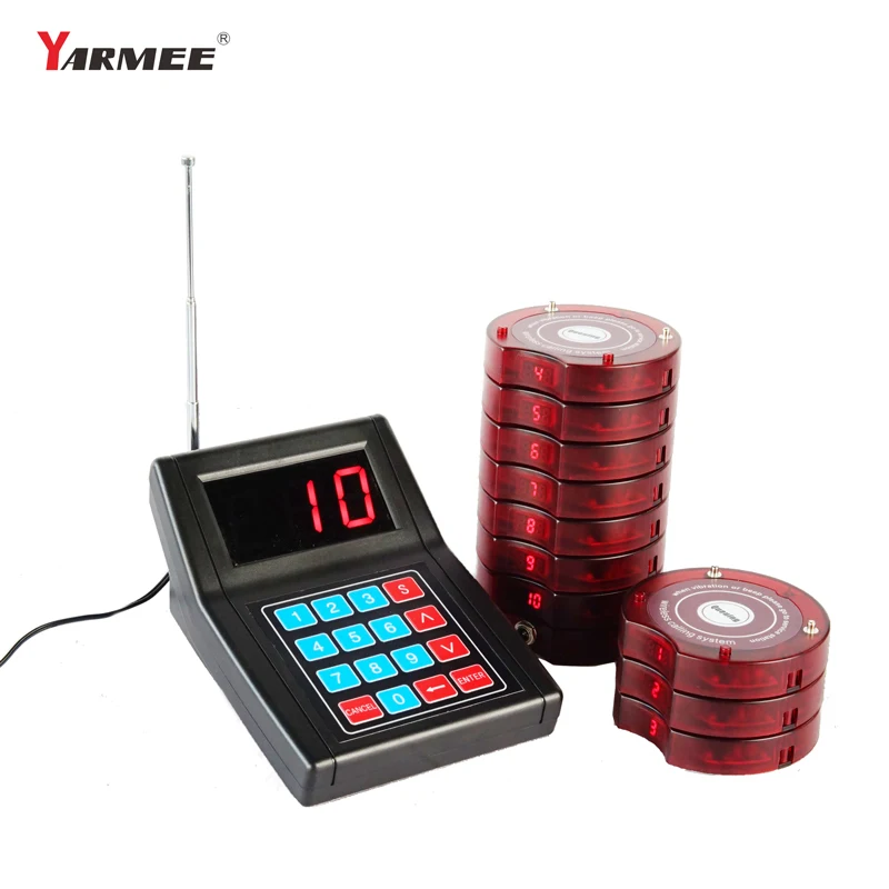 YARMEE Pager Restaurant 999 channel wireless Calling System with 10 coaster pagers for waiter pagers for queue system