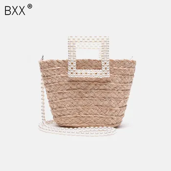 

[BXX] Straw Bucket Bags For Women 2020 Summer Crossbody Bags Lady Travel Handbags Female Shoulder Pearl Handle Bag HN487