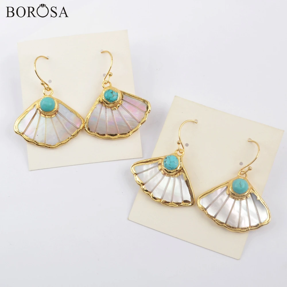 

BOROSA 5Pairs Fan Gild White Shell Earrings with Blue Howlite Turquoises Hand-carved Pattern Mother of Pearl Earrings G1895-E