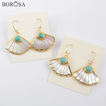 

BOROSA 5Pairs Fan Gild White Shell Earrings with Blue Howlite Turquoises Hand-carved Pattern Mother of Pearl Earrings G1895-E