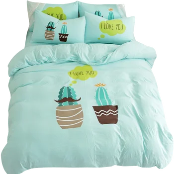 

green cactus bedding set cute solid bed linen for children adult Wrinkled duvet cover 220x240 bed sheet sets full king size