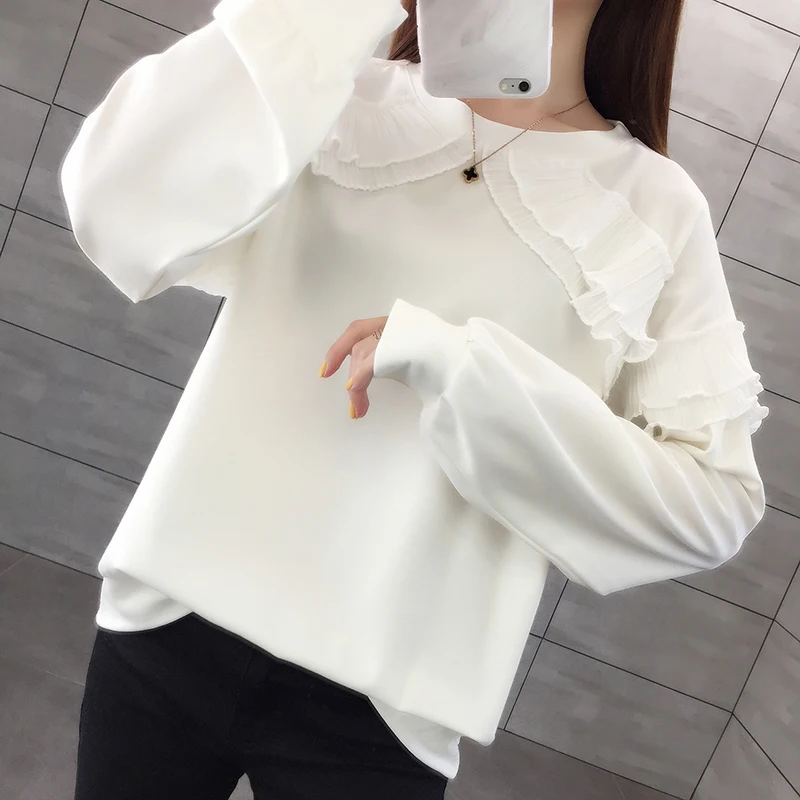 

White O-neck Harajuku Sweatshirt for Women Autumn and Winter Fashion Long-sleeved Loose Pullover Warm Simple Street Hip-hop Top
