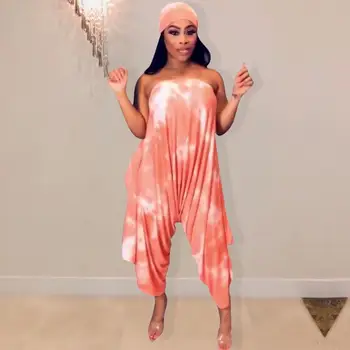 

Multi-Wear Sexy Strapless Two Piece Sets Sleeveless Scarf Top Pants Women Orange Plus Size Pleated Loose Jumpsuits Club Outfits